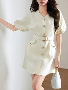 Heiryn Women's Casual V-Neck Bubble Sleeve Belted Short Dress, Minimalist Solid Color, Suitable For Daily, Work Commute, Summer - Yellow - View 2