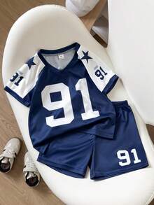 Playful Pals 2pcs/Set Toddler Boys' Summer Casual Retro Loose Sports V-Neck 91 Number Letter Print Color Block Short Sleeve Top & Elastic Waist Shorts Set,Soft - Royal Blue - View 5