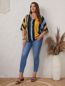 EMERY ROSE Plus Size V-Neck Batwing Sleeve Striped Decor Loose Casual Shirt, Summer - Blue - View 5
