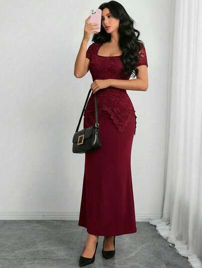 SHEIN Raffinéa Women's Casual And Cute Square Neck Lace Patchwork Button Waist Bodycon Midi Short Sleeve Dress,Spring And Summer Derss Suitable For Daily Wear/Business Attire/Commute Outfit/Relaxing Vacation/Dinner/Valentine's Day Womens Evening Gown Womens Dress Burgundy Formal Dress Lace Top Dress Elegant Dress