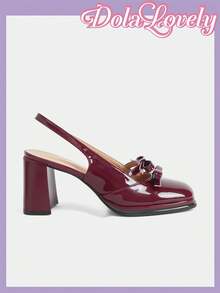 Dola Lovely Glossy Wine Red Thick Heel Double Bow Tie Backstrap Open Toe High Heel Shoes, Suitable For JK Uniform, Commute, Daily, Campus Fashion, Versatile, Lolita Style Fairycore - Red - View 2