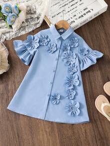Đầm dệt hoa 3D màu trơn cho bé gái, kiểu dáng thường ngày. - Màu xanh lam - Xem 7