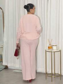 Melissa Matos 2 件套女士休闲宽松落肩长袖毛衣和针织裤套装，秋季 - 粉色 - 查看 2