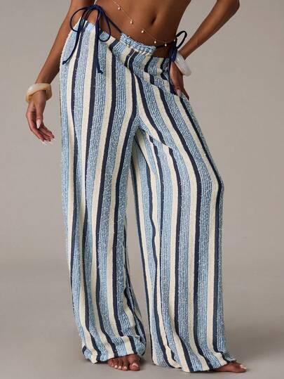 SHEIN BAE 女士沙滩度假撞色条纹印花镂空扭腰罩衫上衣和阔腿裤