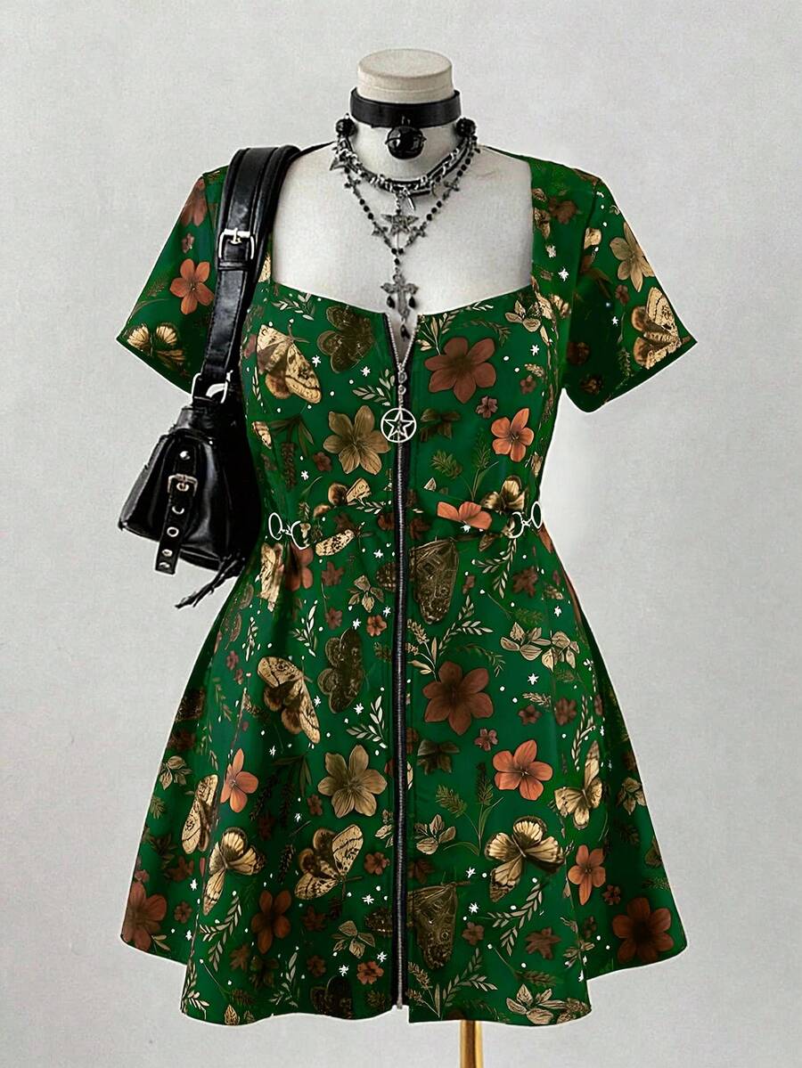 Sunspun 大码女式优雅复古波西米亚风印花休闲朋克摇滚金属拉链五角星扣宽松A字短袖连衣裙，适合日常穿着、返校、度假、春季、夏季、秋季。 - 彩色 - 查看 1