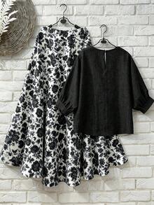 EMERY ROSE Plus Size Linen Retro Style Digital Print Set - Black - View 1