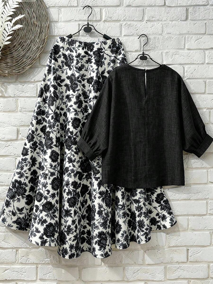 EMERY ROSE Plus Size Linen Retro Style Digital Print Set - Black - View 1