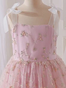 SHEIN Pitira Tween Girl Woven Solid Color Mesh Embroidered Floral Slip Dress - Pink - View 6
