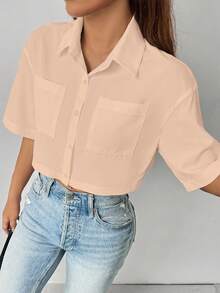Chiquease 女士休闲纯色短袖露脐白衬衫 - 杏色 - 查看 5