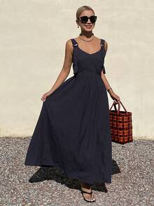 Livesso Đầm midi nữ kiểu dáng thường ngày, dây mảnh, cổ chữ V, đính kim loại, thích hợp cho kỳ nghỉ. - Màu xanh hải quân - Xem 4