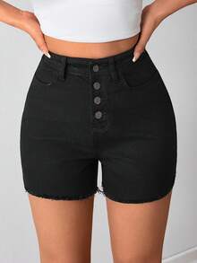 SHEIN Women High Waist Button Detail Denim Short - Black - View 5