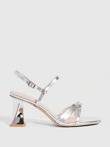 CUCCOO SZL Women's Square Toe Criss-Cross Strap Sandals, Asymmetric Chunky Heel, Fashion High Heels Prom Heels Summer Shoes - Silver - View 4