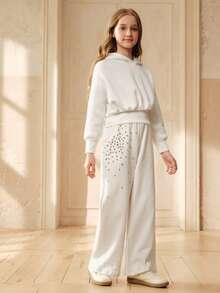 SHEIN Tween Girls' Casual Everyday Commute Versatile Rhinestone Decor Elastic Waist Loose Wide Leg Sweatpants - White - View 7