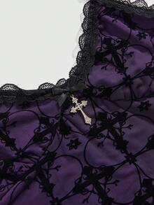 ROMWE Goth 十字印花蕾丝拼接休闲吊带背心 - 彩色 - 查看 3