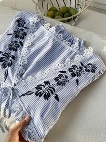 Comfortcana Áo sơ mi dài tay dáng suông, màu xanh trắng kẻ sọc, thêu ren, viền ren, kiểu dáng thường ngày, thích hợp cho kỳ nghỉ xuân/hè. - Xanh và trắng - Xem 7