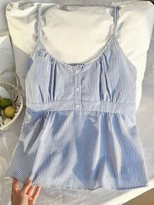 Comfortcana 大码条纹纽扣休闲度假风吊带背心，春夏款 - 藍色 - 查看 5
