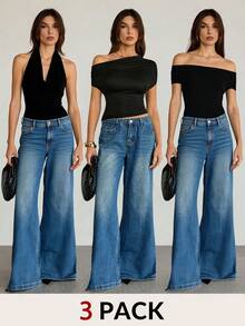 SHEIN Tall 3件套女士夏季T恤，纯色垂褶领百搭时尚上衣，一件上衣三种穿法，夏季女装，派对上衣 - 黑色 - 查看 1