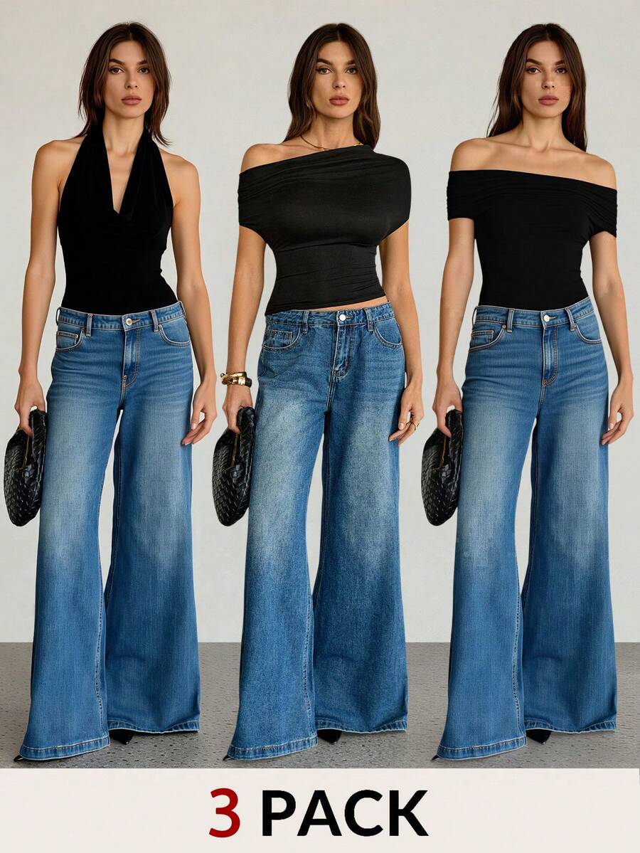 SHEIN Tall 3件套女士夏季T恤，纯色垂褶领百搭时尚上衣，一件上衣三种穿法，夏季女装，派对上衣 - 黑色 - 查看 1