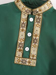 SHEIN Toddler Boys' Middle Eastern Style Traditional Embroidered Long Sleeve Top And Pants Set - Dark Green - View 5