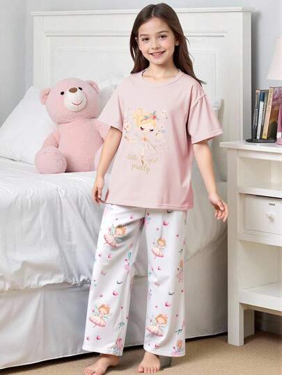 Tween Girls Pajamas-2 Pieces Summer Pajama Set Short Sleeve Round Neck Top Long Pants Ballerina Character Print Pastel Pink White Lightweight Soft Cozy Comfortable Sleepwear Cute Gift For Tween Girl 2026 Holiday Essential Princess Illustration Everyday Loungewear