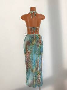 Swim Vcay Women's Summer Tie Dye Mist Textured Snake Print Halter Beaded Bikini Set With Sheer Maxi Dress, Bohemian Relaxed Beach Vacation Swimwear - Multicolor - View 2