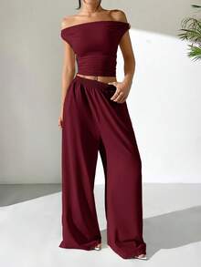 SHEIN EZwear 女士针织不对称肩部上衣和裤子休闲套装，夏季阔腿裤套装，休闲两件套，两件套裤子套装，舒适两件套，两件套裤子套装，女士酒红色套装，酒红色阔腿裤套装，单肩上衣套装，酒红色裤子 - 酒紅色 - 查看 6