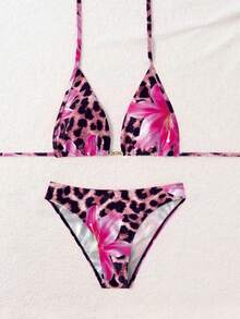 SHEIN Swim 2026 女士夏季沙滩豹纹花卉印花露背系带性感比基尼泳装套装 动物纹比基尼 动物纹泳衣 动物纹泳装 猎豹纹泳衣 女士两件式比基尼 - 彩色 - 查看 6