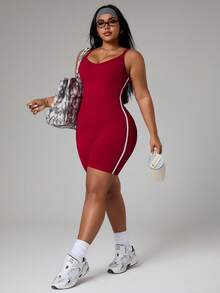 SHEIN Sports 大码女式露背交叉设计连体衣 - 玫紅色 - 查看 6