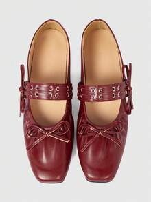 ROMWE Kawaii Chaussures plates à bout carré confortables avec décoration en nœud, style classique pour femmes - Rouge - Voir 1
