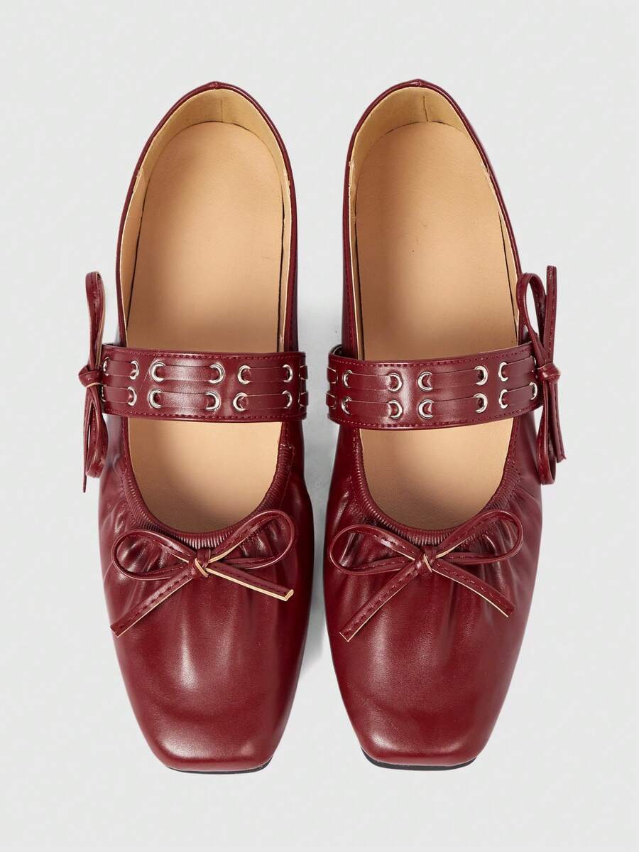 ROMWE Kawaii Chaussures plates à bout carré confortables avec décoration en nœud, style classique pour femmes - Rouge - Voir 1