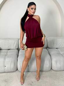 Dayanna Comas Solid Color Halter Backless Ruffle Bodycon Mini Dress Short Red Dress Dark Red Dress Red Wine Dress Burgundy Dress Party - Burgundy - View 6