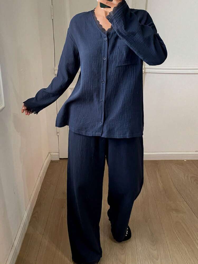 Comfortable Home Textured Chiffon Fabric Lace Trim Loose Women Pajama Set