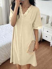 DAZY Váy ngủ dài phối ren cho nữ, màu trắng, tay ngắn, thích hợp mặc mùa hè. - Màu be - Xem 1