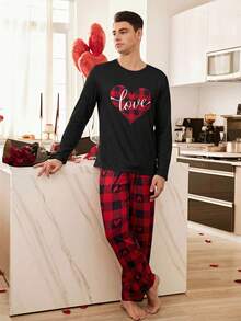 CoupledUp 2 piezas Conjunto de pijama a cuadros con estampado de corazón para hombre, ropa de estar en casa para parejas - Multicolor - Ver 2