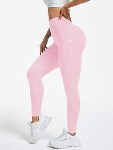 Easithlete Quần legging liền mạch màu đào lấp lánh họa tiết sao dành cho nữ, thích hợp cho thể thao và tập luyện. - Hồng - Xem 5
