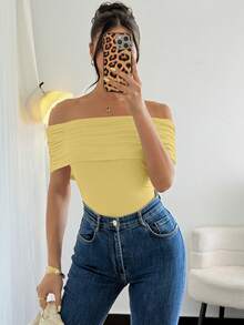 Rafferiza Women's Elegant Off Shoulder Ruched Hem Bodysuit,Slim Fit Pale Yellow,Summer,Seksi Chic,Night Out Cute Tops - Light Yellow - View 6