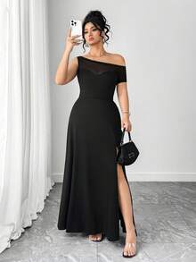 Elenzga Women's Plus Size Black Summer Elegant Formal Dinner Evening Dress,Mesh Patchwork Waist,Fitted Asymmetric Hem High Slit For Club Parties&Gatherings - Black - View 7