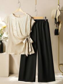 Seusyu Plus Size Elegant Batwing Sleeve Side Tie Top And Pants 2 Pieces Set, Summer - Black - View 1