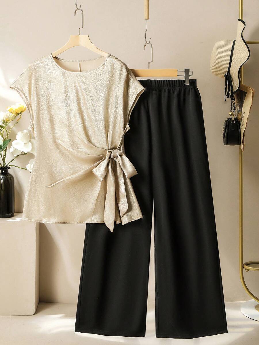 Seusyu Plus Size Elegant Batwing Sleeve Side Tie Top And Pants 2 Pieces Set, Summer - Black - View 1