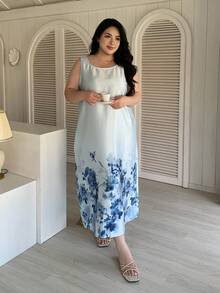 Dazy Plus Piyama Tidur Kasual Tanpa Lengan Leher Bulat Motif Bunga untuk Wanita Ukuran Besar - Biru - View 6