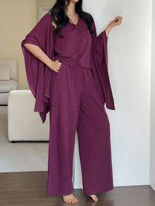 DAZY 3pcs Jacquard Knit Shawl, Vest And Pants Women Loungewear Set - Purple - View 6