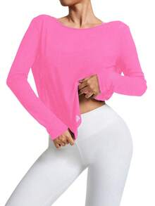 SHEIN Sports 女士纯色简约长袖休闲运动T恤 - 玫紅色 - 查看 4