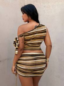 Rustia Plus Size Women Striped Print Asymmetric Collar Top And Mini Skirt 2 Pieces Set - Brown - View 4