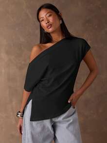 SHEIN BAE Áo thun nữ thời trang màu trơn, vạt áo bất đối xứng, vai lệch. - màu đen - Xem 7