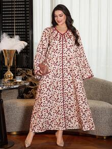 Al Najma Plus Size Elegant V-Neck Lace Patchwork Flare Sleeve Dress, Autumn - Multicolor - View 5