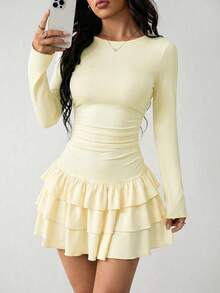 SHEIN PETITE Đầm dài tay màu đen trơn thanh lịch dành cho nữ, có bèo nhún ở gấu váy. - Vàng nhạt - Xem 5