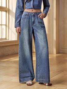 Selenza Quần jeans ống rộng nữ có túi và cúc, kiểu dáng thường ngày, đa năng. - Màu xanh lam - Xem 5
