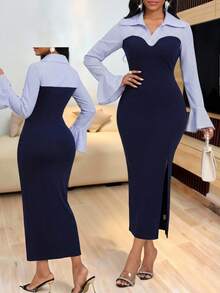 SHEIN Lady 女士条纹印花修身优雅长袖连衣裙 - 彩色 - 查看 1