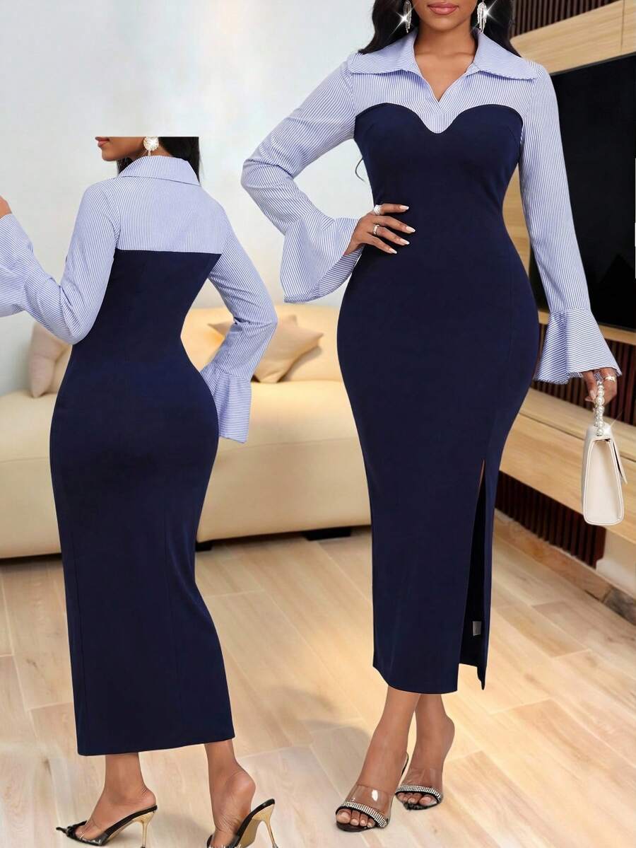 SHEIN Lady 女士条纹印花修身优雅长袖连衣裙 - 彩色 - 查看 1