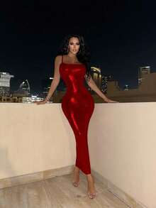 Allurite 修身吊带长裙女装 - 酒紅色 - 查看 3